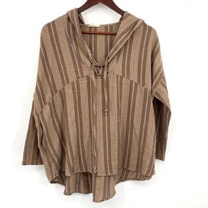 Kye Mi Top Women’s Medium Oversized Hippie Hooded Babydoll Brown Striped Lace Up
